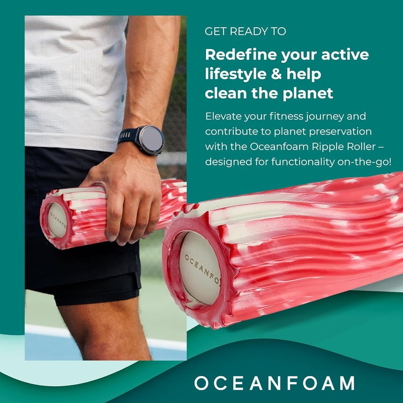 Oceanfoam Ripple Travel Foam Roller (11" x 3.35") Firm Mini Foam Roller for Physical Therapy, Deep Tissue Massage, Back Pain - High Density, Ergonomic Wave Textured - Yoga, Exercise (Red Marbled) - Image 2